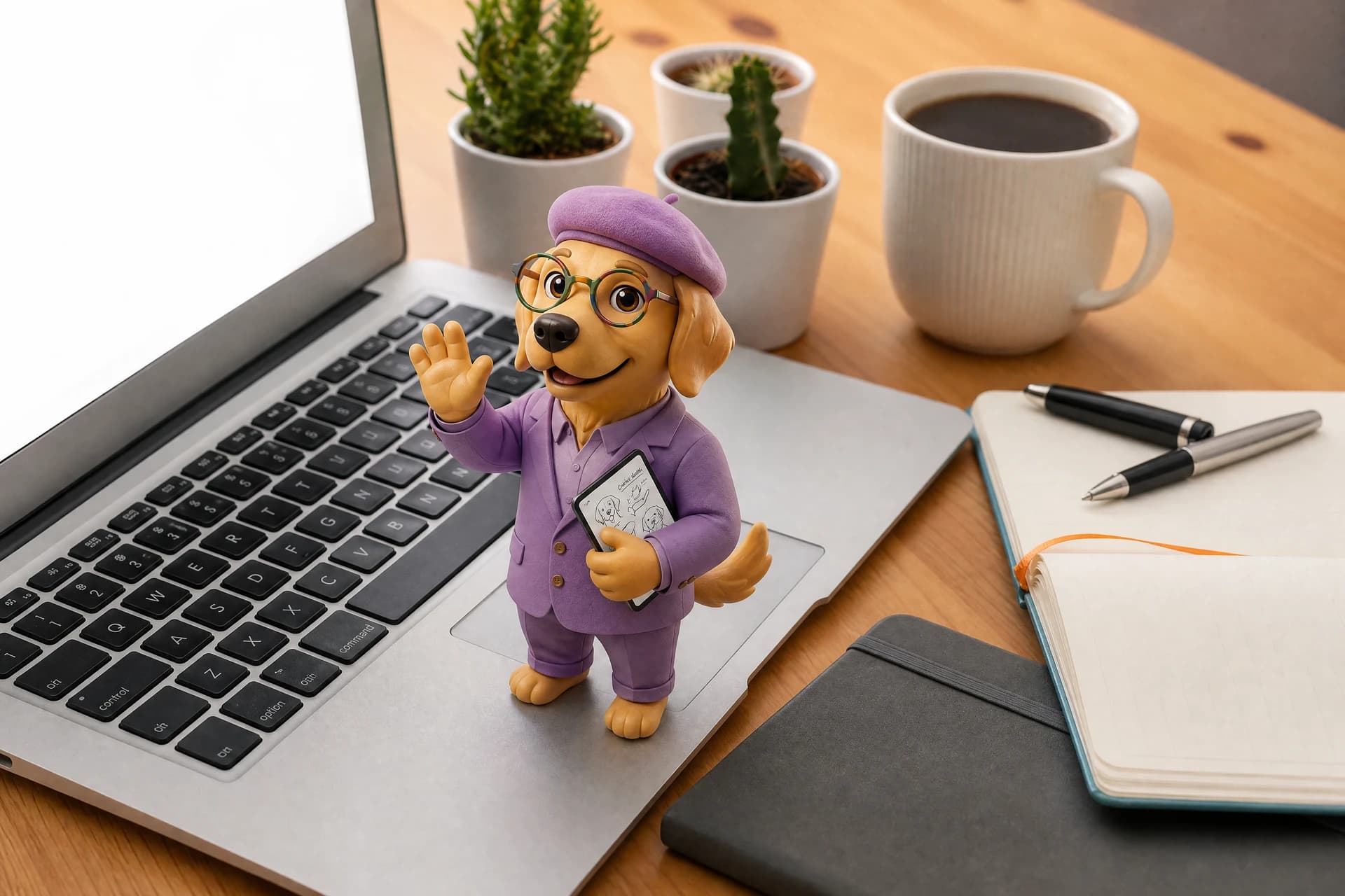 Atena (golden retriever 3D com terno roxo, boina e óculos) acenando em cima de um notebook, ao lado de café e caderno